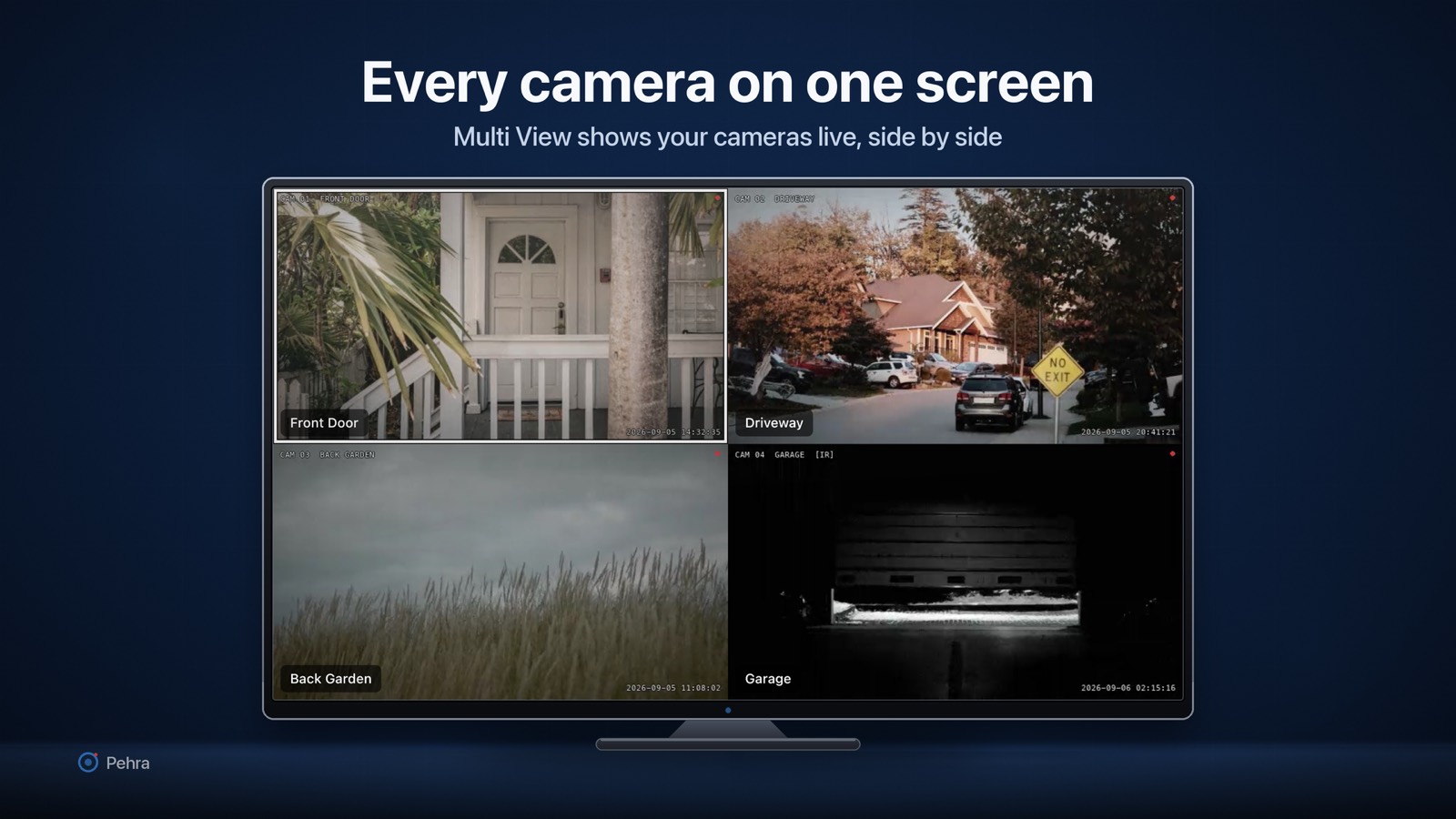 Pehra Multi View grid showing four live cameras on an Apple TV